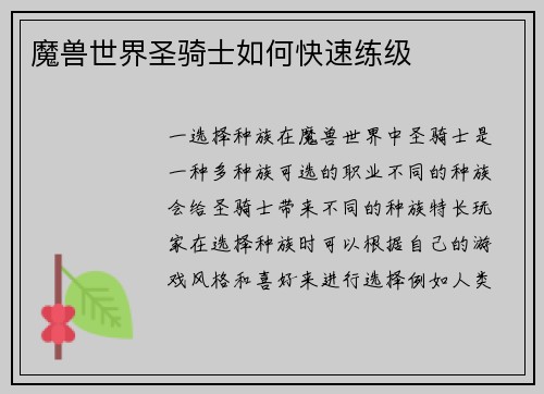 魔兽世界圣骑士如何快速练级