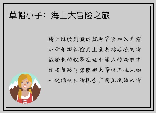 草帽小子：海上大冒险之旅