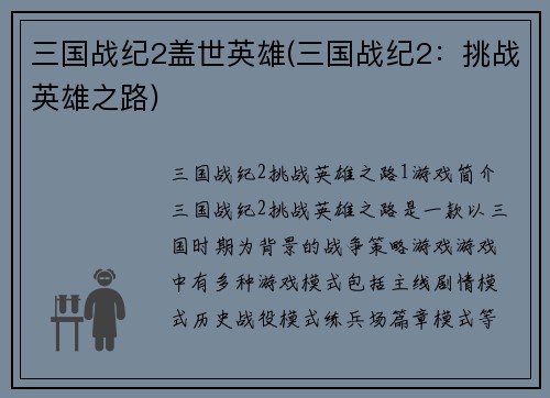 三国战纪2盖世英雄(三国战纪2：挑战英雄之路)